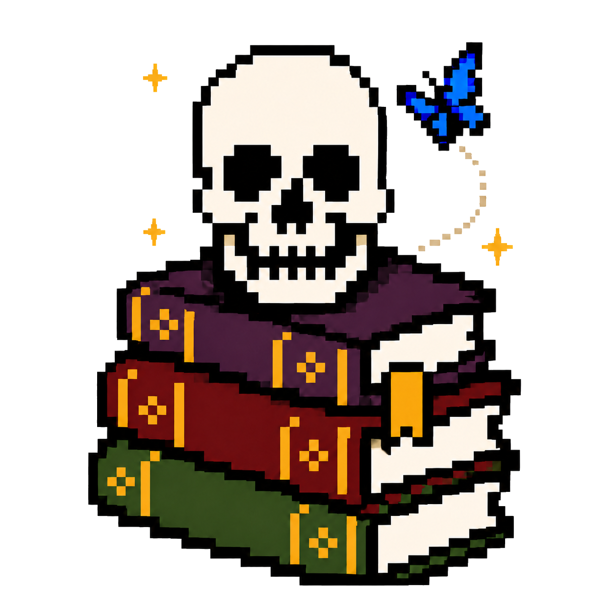 Arcane Data — a skull on a stack of books with a blue morpho butterfly